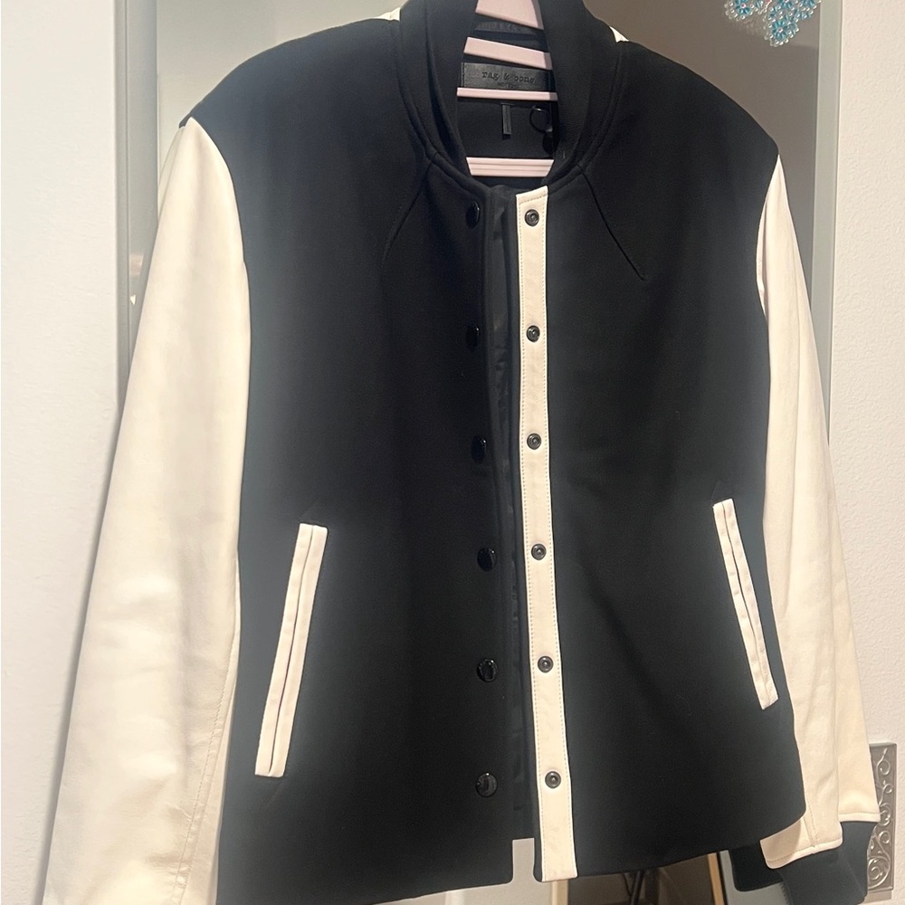 Rag & Bone Black and White Varsity Jacket with Lamb Leather Sleeves